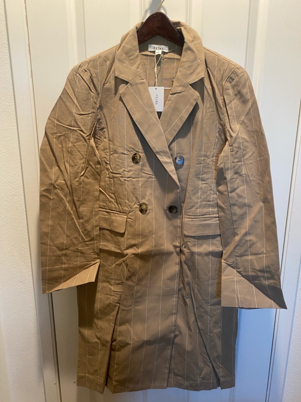 NWT Prima Tan Pinstripe Double-Breasted Trench Coat